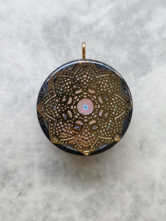 Handmade 77 Crystal Matrix Orgone Pendant | Gold Holographic Mandala Crown Chakra | EMF Protection Orgone Pendant | Quantum Healing Device