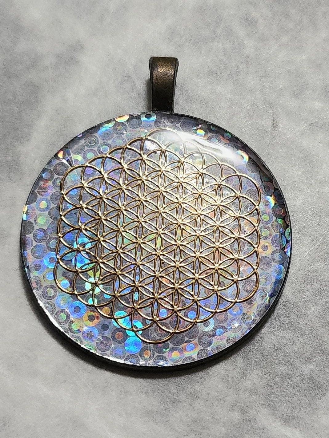 Talisman Pendant | Gold Fruit of Life Pendant | Holographic Dots Pendant | 37mm | UV Resin Pendant | Hologram