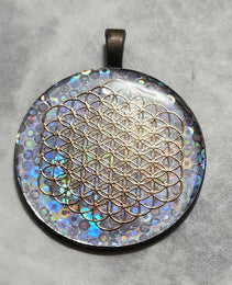 Talisman Pendant | Gold Fruit of Life Pendant | Holographic Dots Pendant | 37mm | UV Resin Pendant | Hologram