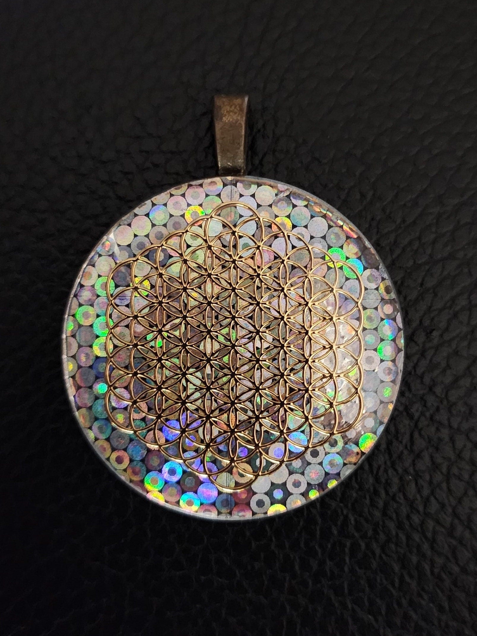Talisman Pendant | Gold Fruit of Life Pendant | Holographic Dots Pendant | 37mm | UV Resin Pendant | Hologram