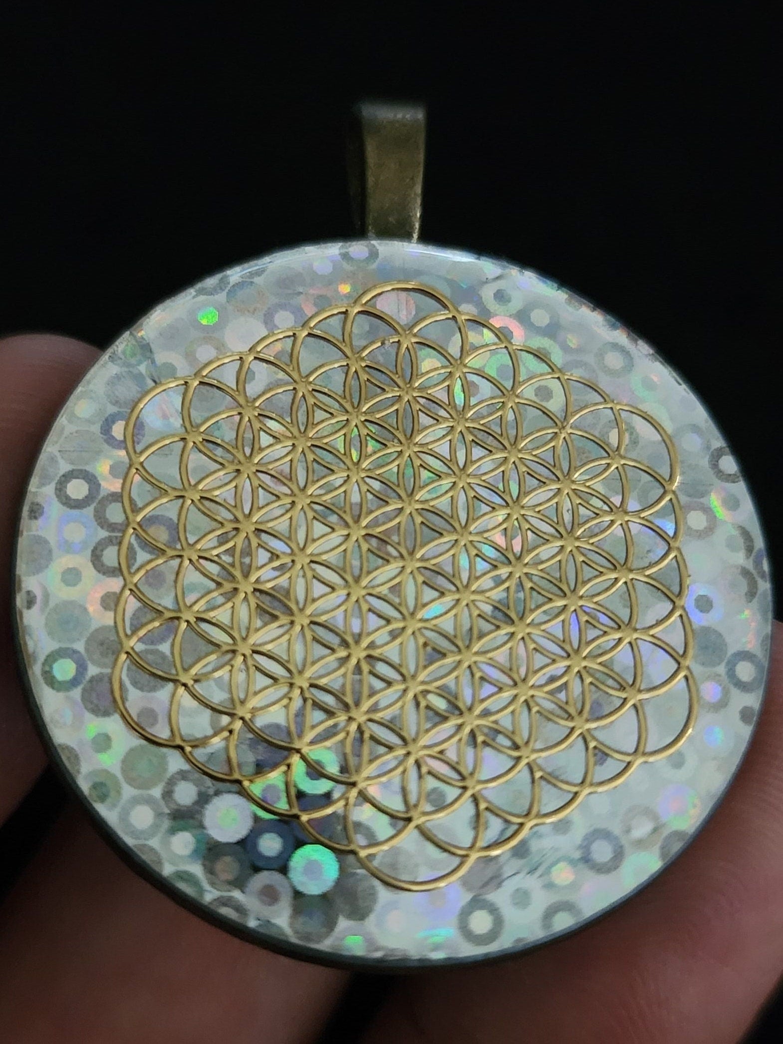 Talisman Pendant | Gold Fruit of Life Pendant | Holographic Dots Pendant | 37mm | UV Resin Pendant | Hologram