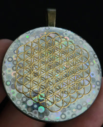 Talisman Pendant | Gold Fruit of Life Pendant | Holographic Dots Pendant | 37mm | UV Resin Pendant | Hologram