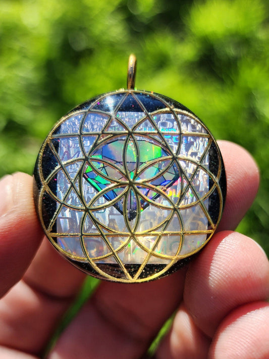 Handmade 44 Crystal Matrix Orgone Pendant | Holographic Diamond | EMF Protection | 24k Gold | Orgonite Pendant | Chakra Necklace