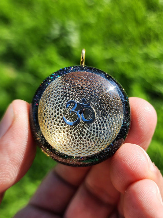 Handmade 44 Crystal Matrix Orgone Pendant | Pincone Om | EMF Protection | 24k Gold | Orgonite Pendant | Chakra Necklace