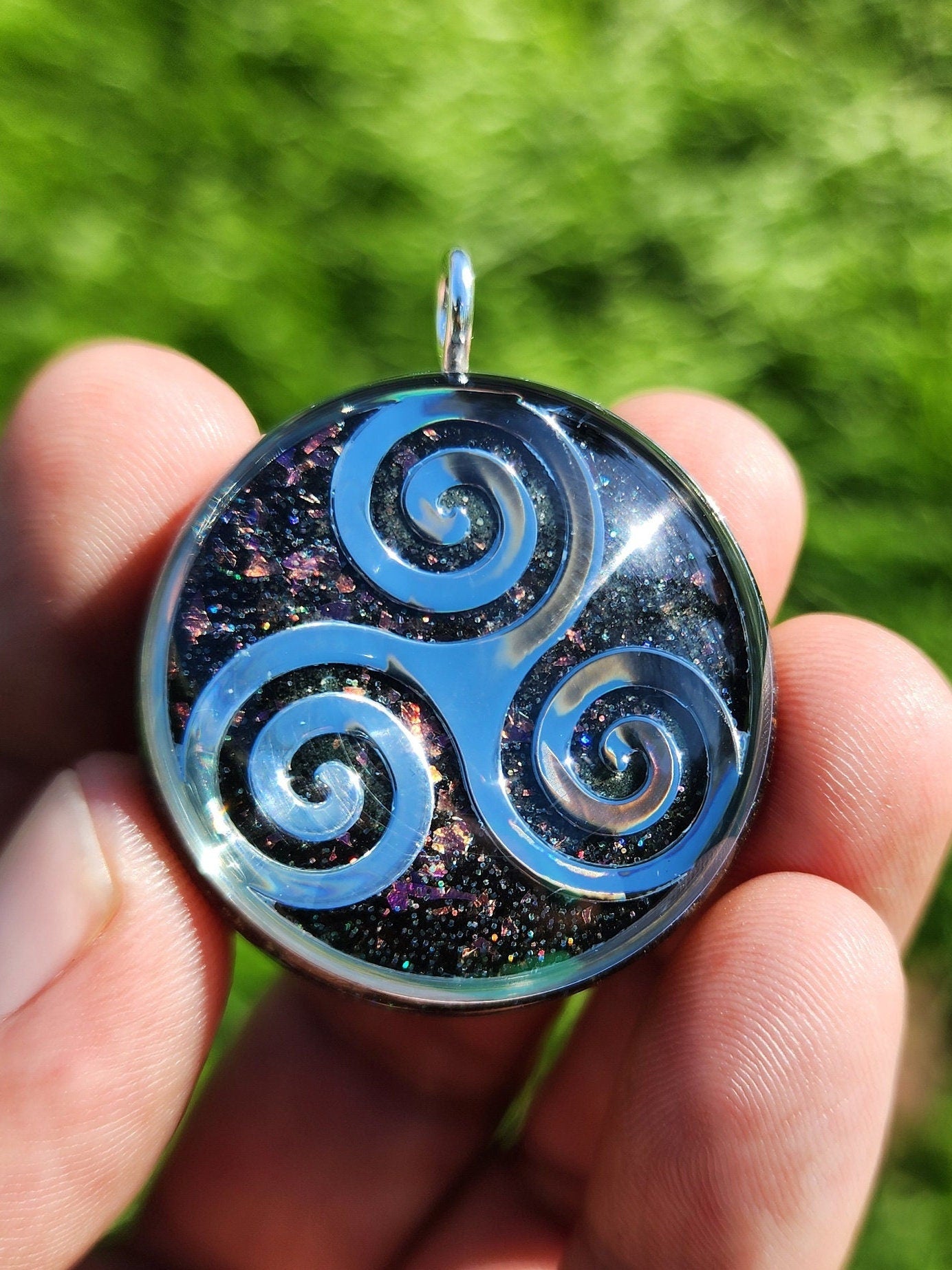 Handmade 77 Crystal Matrix Orgone Pendant | Silver Triskelion | EMF Protection Orgone Pendant | Orgonite Crystal Pendant