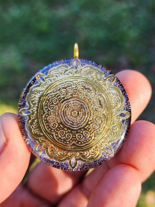 Handmade 44 Crystal Matrix Orgone Pendant | Gold Mandala | EMF Protection | 24k Gold | Orgonite Pendant | Chakra Necklace