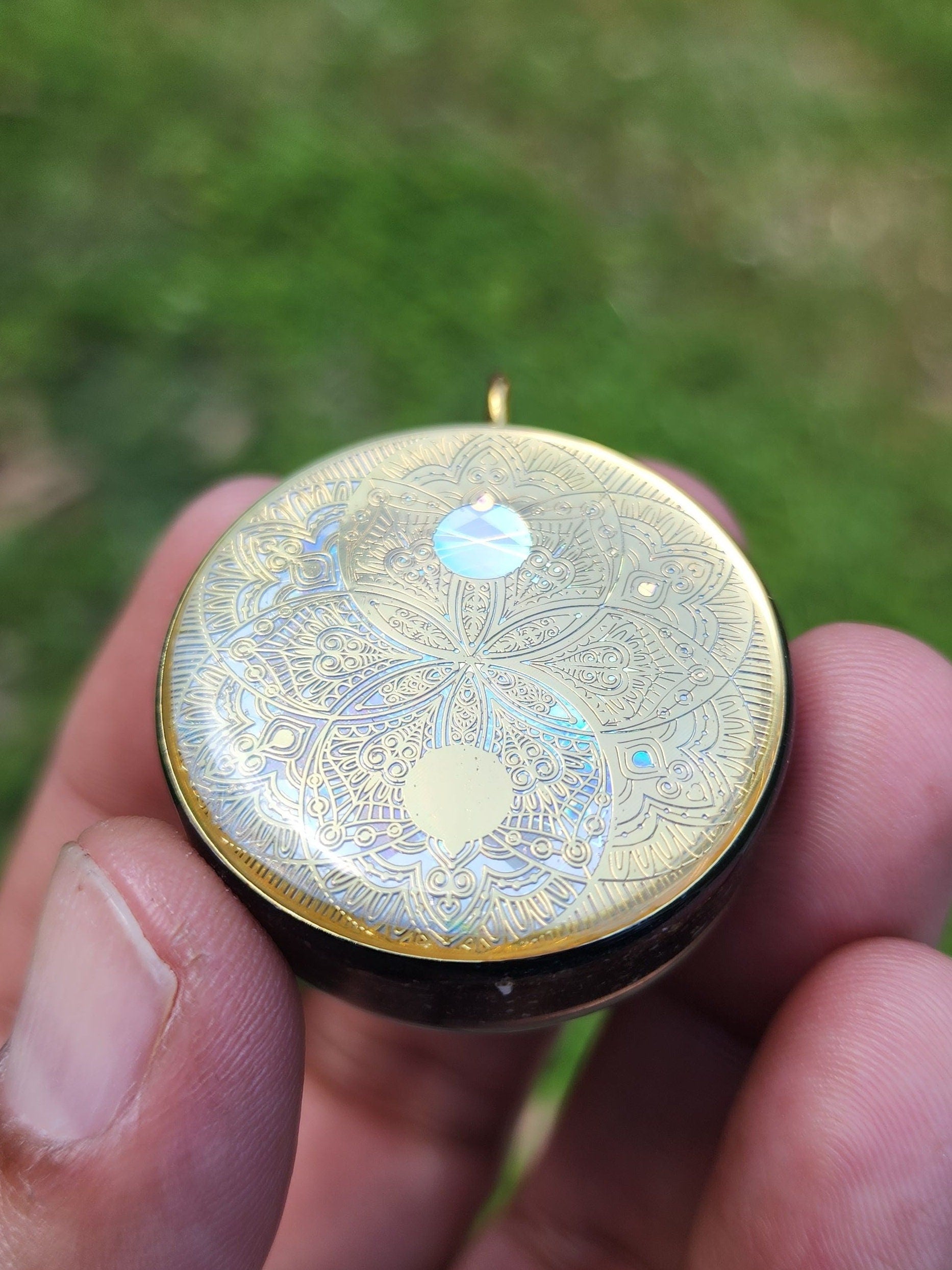 Handmade 66 Crystal Matrix Orgone Pendant | EMF Protection | Gold Yin Yang Mandala | Third Eye Chakra Crystal Matrix