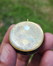 Handmade 66 Crystal Matrix Orgone Pendant | EMF Protection | Gold Yin Yang Mandala | Third Eye Chakra Crystal Matrix