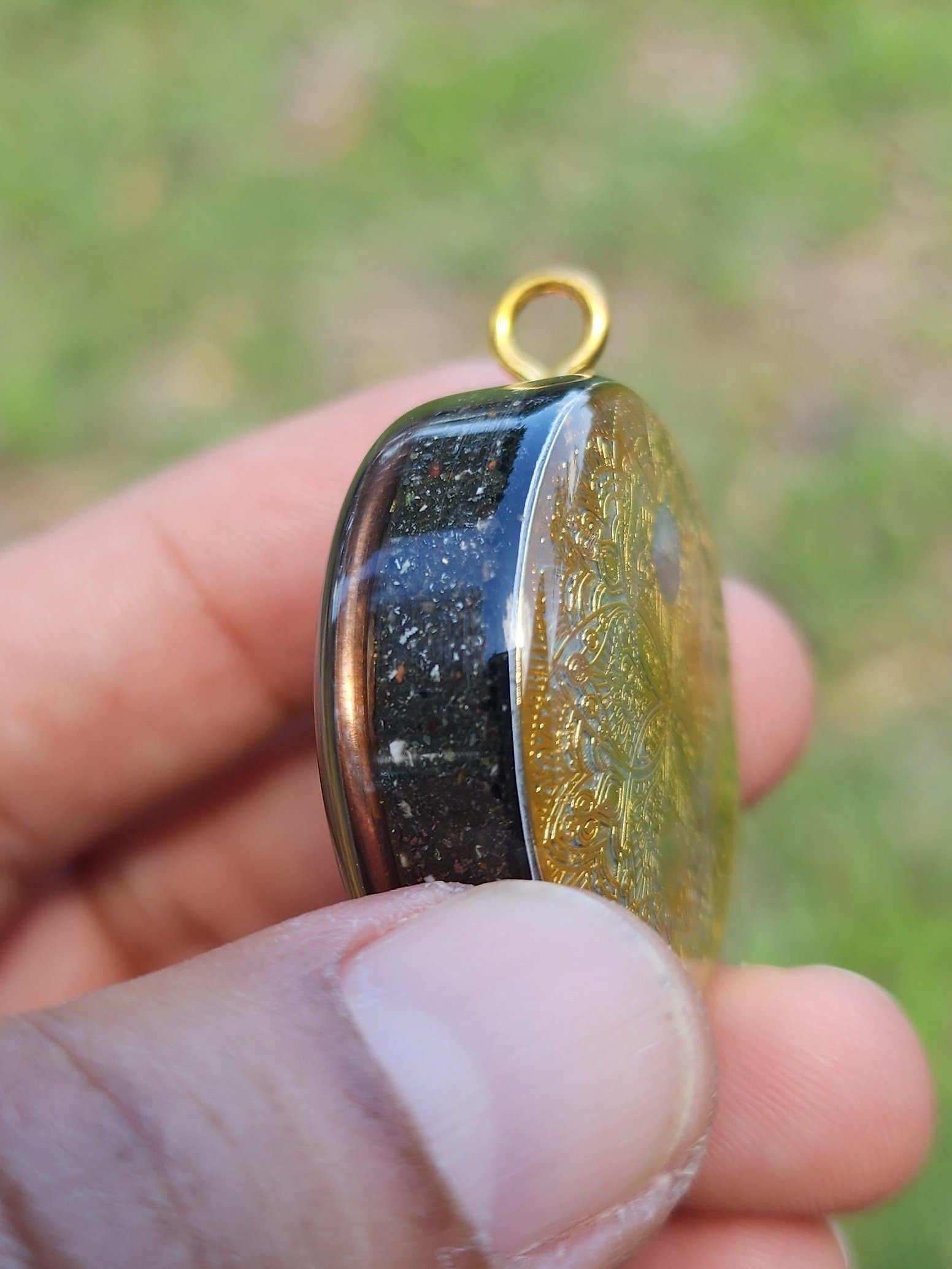 Handmade 66 Crystal Matrix Orgone Pendant | EMF Protection | Gold Yin Yang Mandala | Third Eye Chakra Crystal Matrix
