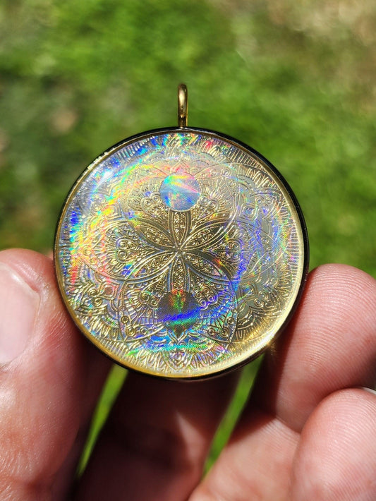 Handmade 66 Crystal Matrix Orgone Pendant | EMF Protection | Gold Yin Yang Mandala | Third Eye Chakra Crystal Matrix