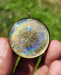 Handmade 66 Crystal Matrix Orgone Pendant | EMF Protection | Gold Yin Yang Mandala | Third Eye Chakra Crystal Matrix