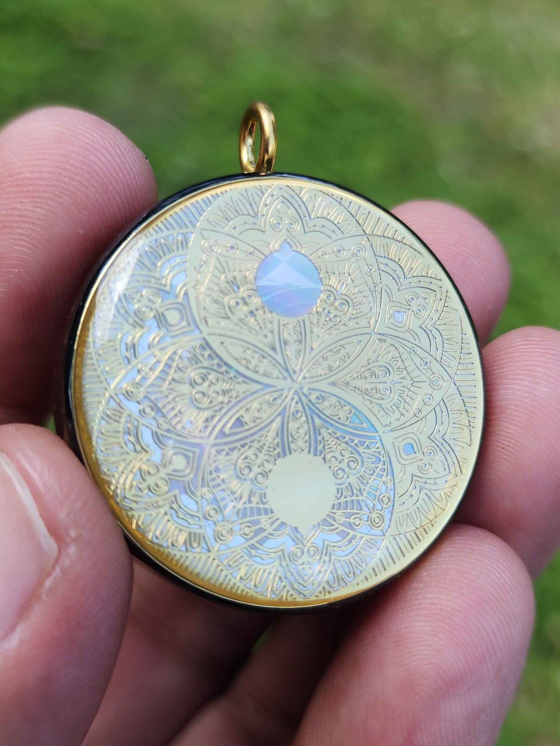 Handmade 66 Crystal Matrix Orgone Pendant | EMF Protection | Gold Yin Yang Mandala | Third Eye Chakra Crystal Matrix