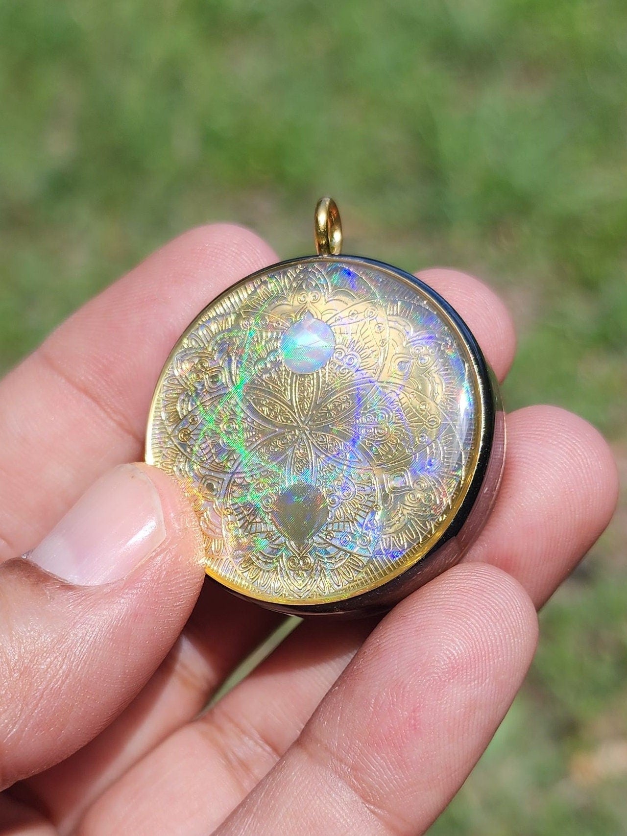Handmade 66 Crystal Matrix Orgone Pendant | EMF Protection | Gold Yin Yang Mandala | Third Eye Chakra Crystal Matrix