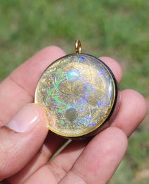 Handmade 66 Crystal Matrix Orgone Pendant | EMF Protection | Gold Yin Yang Mandala | Third Eye Chakra Crystal Matrix
